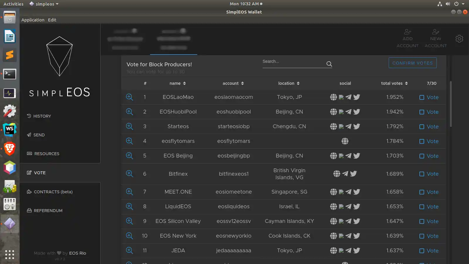 An EOS block producer voting screen