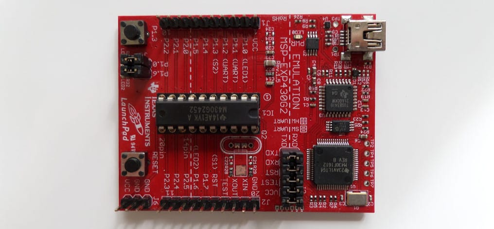 One of the TI Launchpad MSP430 devices. It serves a very different purpose from the Raspberry Pi with its low-level control capabilities.