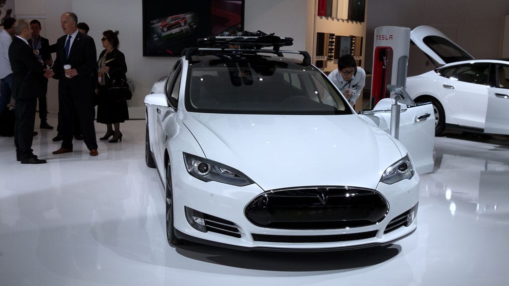 White Tesla Model S at the NAIAS. Front view.