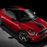 The sporty Cooper Coupe in Chili Red with contrasting sport stri
