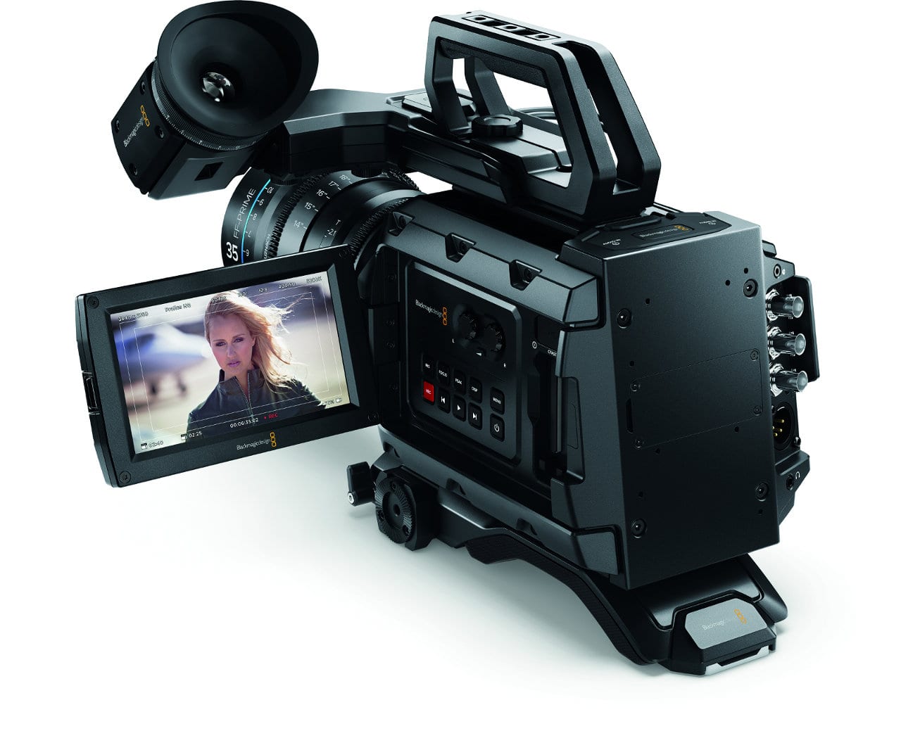The back of the Blackmagic URSA Mini professional cinema camera.