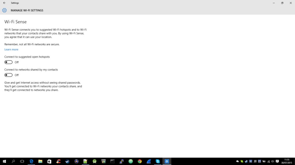 Wi-FI settings screen in Windows 10