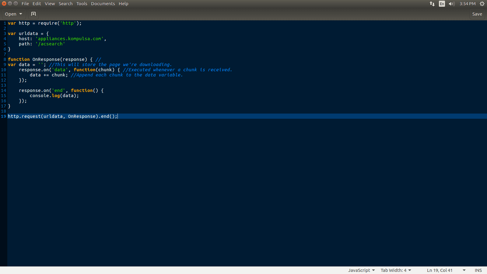 A screenshot of a Node.js program that sends a GET request to another server.
