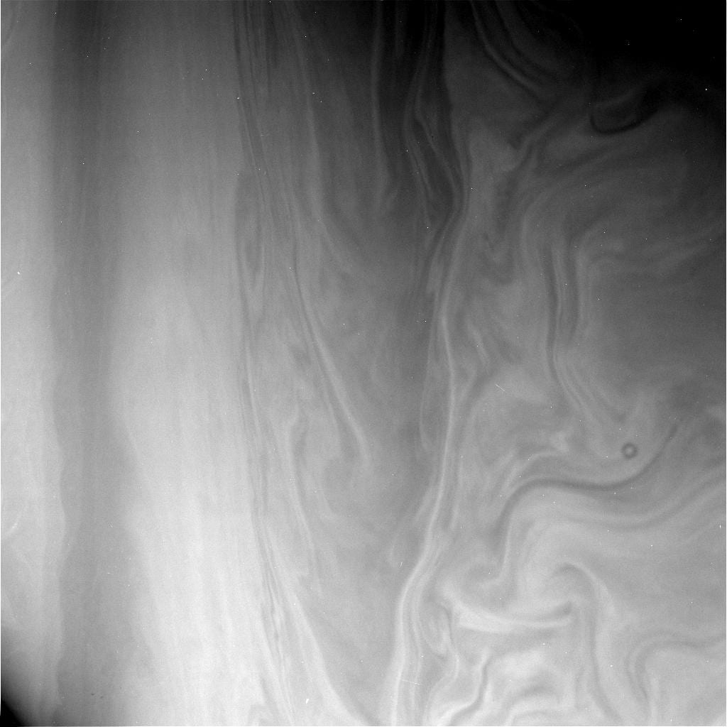 A raw image of Saturn's atmosphere (clouds).