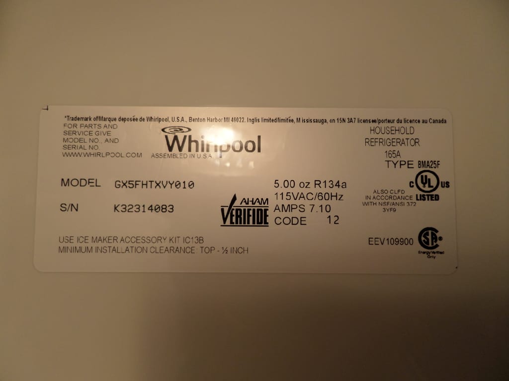 Whirlpool fridge label