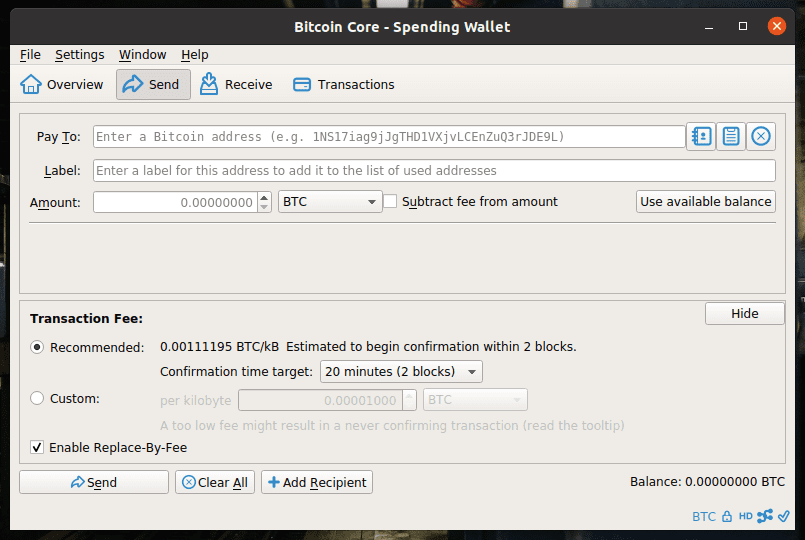 Bitcoin Core Send Screen