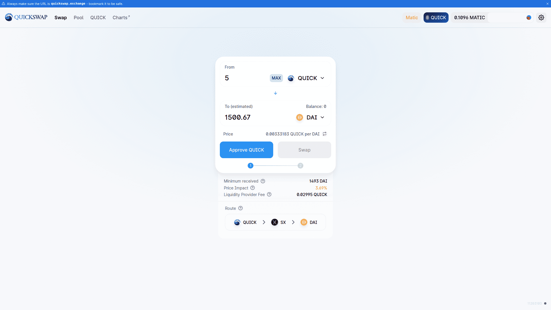 Screenshot of QuickSwap Decentralized Exchange