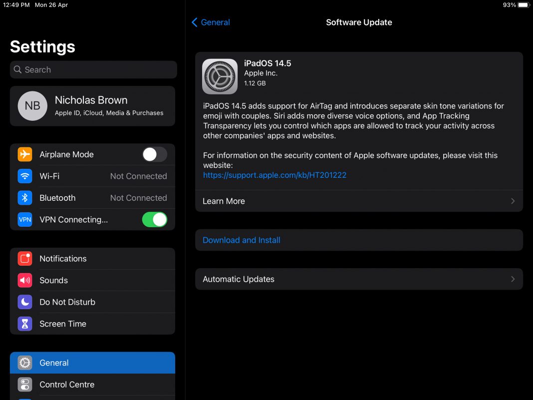 iPadOS update screen