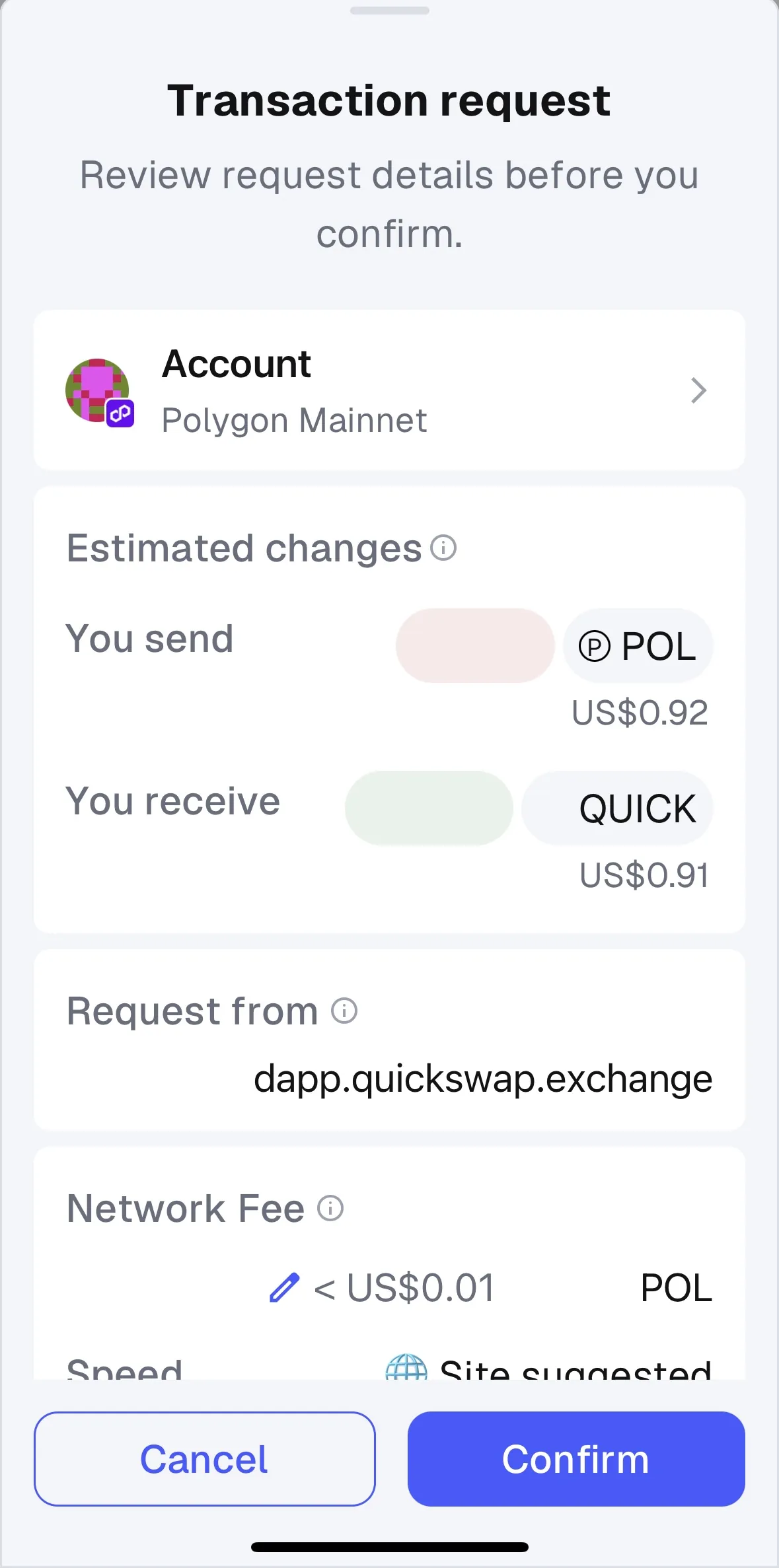 MetaMask - QuickSwap Confirmation Screen